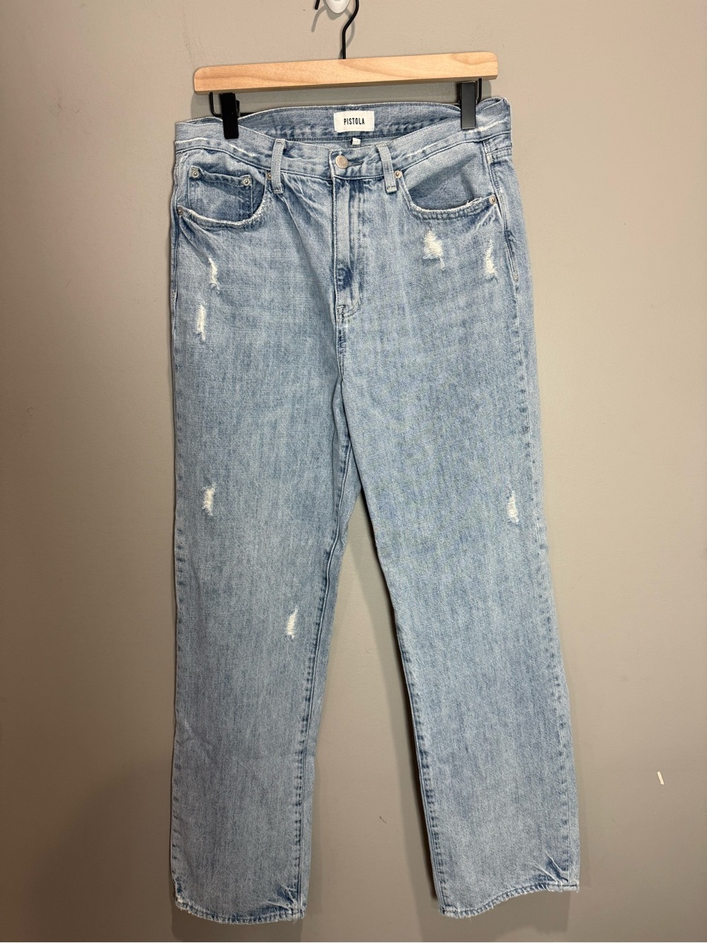 Pistola Distressed High Rise Straight Leg Jeans Light Wash Size 30